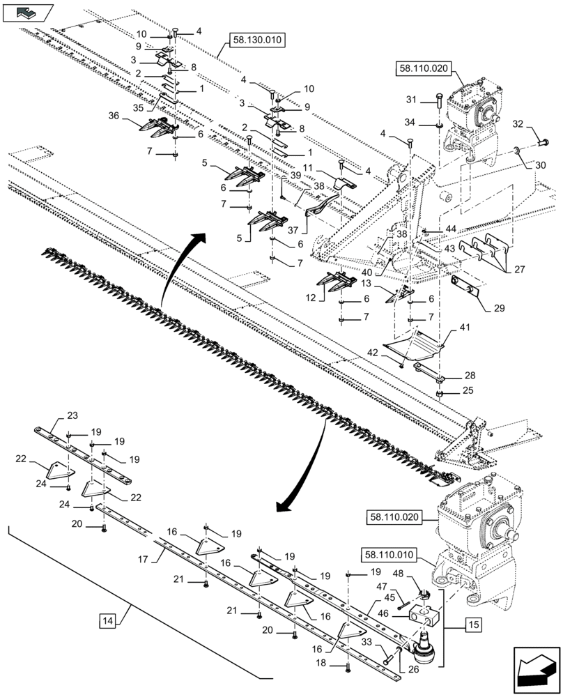 Схема 80916328, CASE IH 3050-41FT, розділ 58.110.050 · CUTTERBAR, LH; (VAR) 422114102, 422115122, 712379162