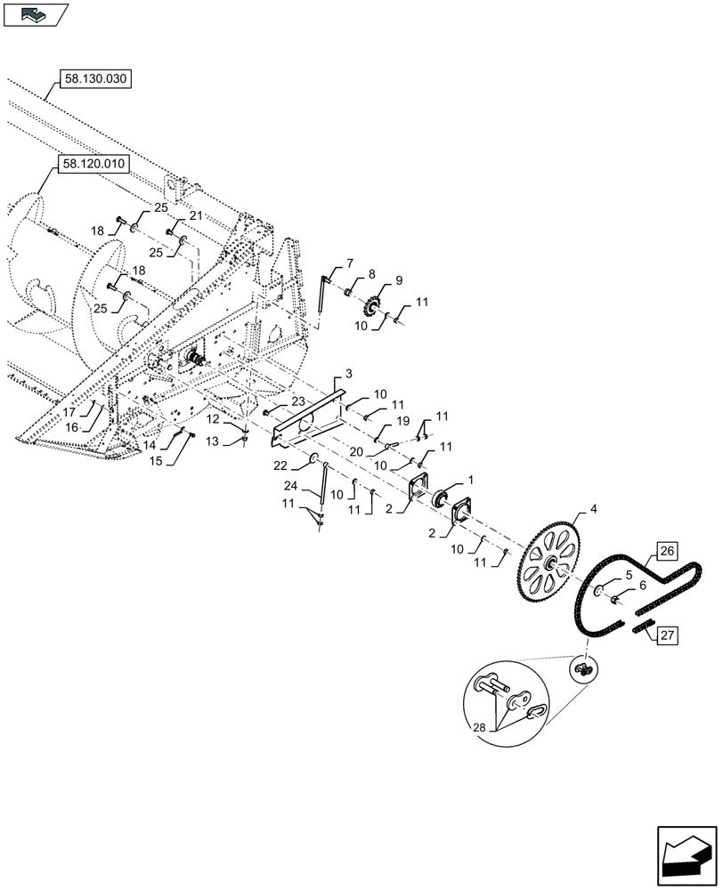 Схема 9811888, CASE IH 2030 Rice 24FT, розділ 58.100.200 · AUGER DRIVE, DRIVE CHAIN & LEFT-HAND SUPPORT; (VAR) 412146002, 722323884, 722323886, 722323888