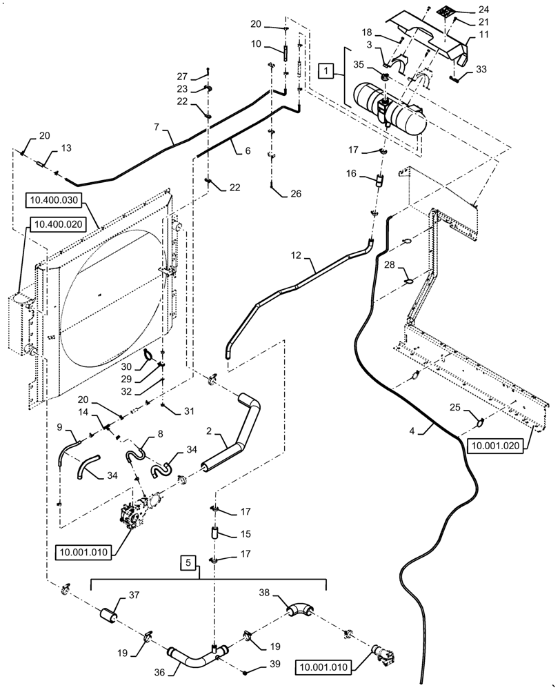 Схема 47525998, CASE IH 8250, розділ 10.400.010 · COOLING SYSTEM LINE, COOLANT EXPANSION RESERVOIR