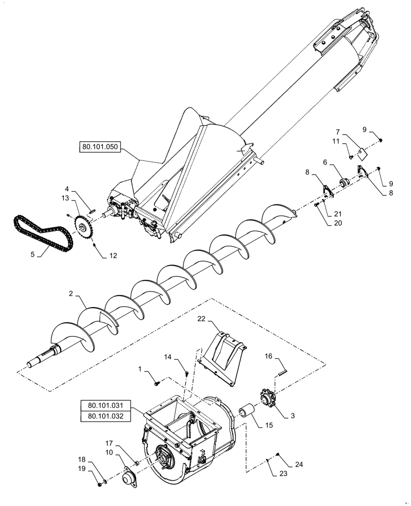 Схема 87283436, CASE IH 8250, розділ 80.101.040 · AUGER, GRAIN ELEVATOR, BOTTOM; (VAR) 425241076, 425241086, 425634006, 425634016, 722481086, 722481096